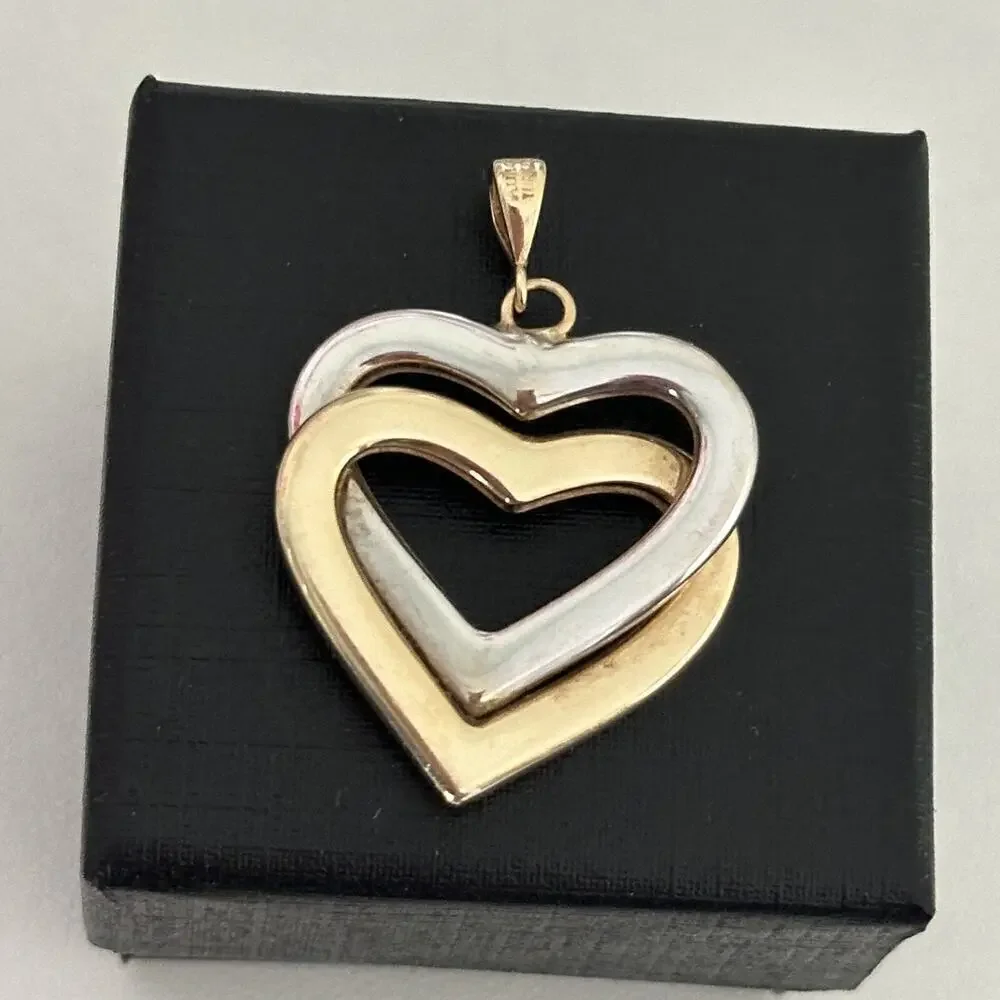 14K Yellow & White Gold Two Tone Double Interlocking Hearts Pendant